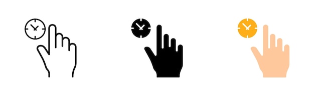 Kliknij z zegarem Clickfinger Czas reakcji stukanie pędzlem przesuwanie Przewijanie dotykowy kursor czujnik zegarka Naciśnięcie koncepcja Ikona wektora w linii czarno-kolorowy styl na białym tle