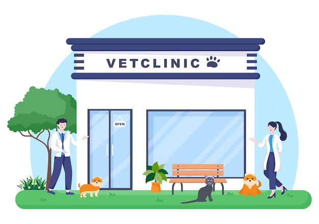 Plik wektorowy klinika weterynaryjna lekarz badania, szczepienia i opieka zdrowotna dla zwierząt domowych, takich jak psy i koty w płaskie kreskówka tło wektor ilustracja na plakat lub baner