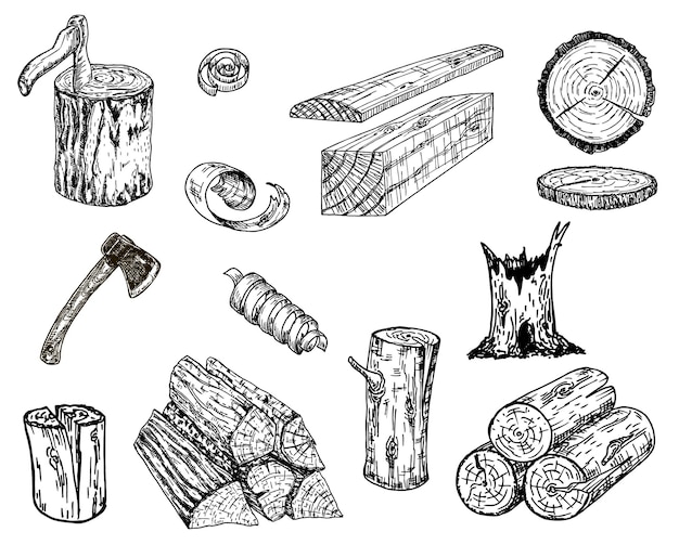Plik wektorowy kłody drewna szkic pnia materiały drewniane zestaw drewna opałowego słoje roczne na ściętym drzewie pniaki drewna i topór