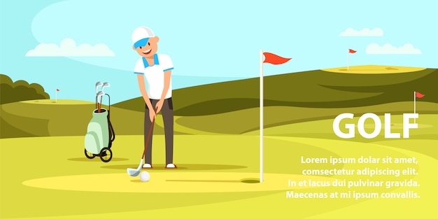 Klub golfowy Young Man Holding Próbuje trafić w piłkę.