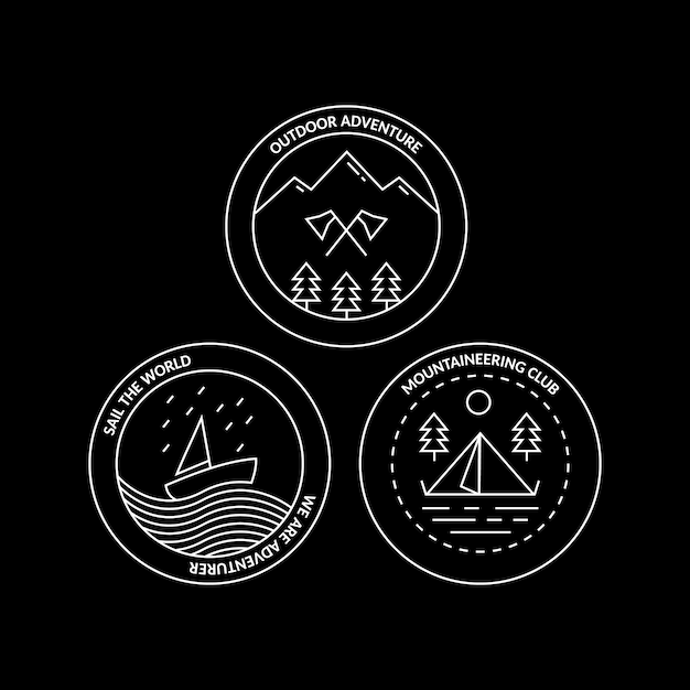 Plik wektorowy klub górski i outdoor adventure monoline monochrome badge set