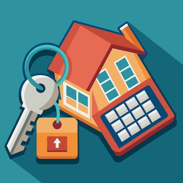 Plik wektorowy klucz do domu z kluczykiem domowym lub kluczykiem z białym kalkulatorem na drewnianym stole przy użyciu jako kredytu hipotecznego