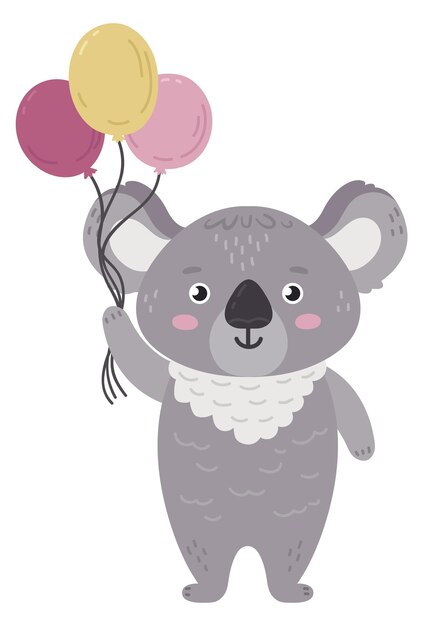 Koala z balonami, ładne zwierzęce przyjęcie urodzinowe na białym tle.