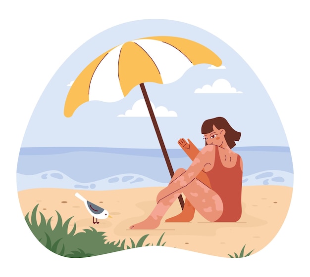 Kobieca Postać Z Bielactwem W Stroju Kąpielowym Spędza Czas Na Plaży