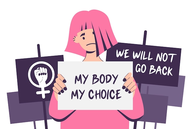 Plik wektorowy kobiece aktywistki protestu prochoice kobieta trzymająca znaki my body my choice afisze wspierające prawa do aborcji podczas demonstracji na wiecu protestacyjnym