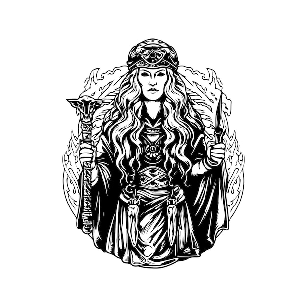 Kobiece Bogini Vintage Logo Linia Sztuki Koncepcja Czarno-biały Kolor Ręcznie Rysowane Ilustracja