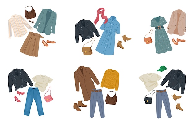Kobiece stroje mody Kreskówka odzież codzienna kurtki dżinsowe botki i etui nowoczesna moda wygląda na płaską wektorową ilustrację ustawioną na białym tle