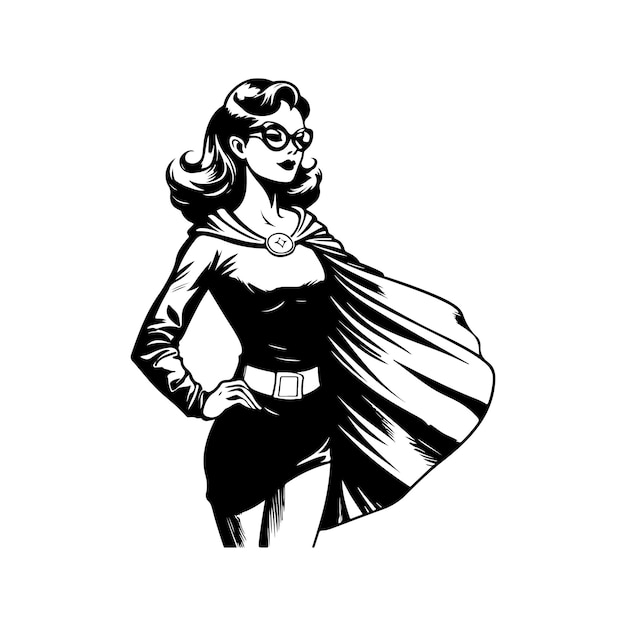Plik wektorowy kobiece superbohatera vintage logo koncepcja sztuki czarno-biały kolor ręcznie rysowane ilustracja