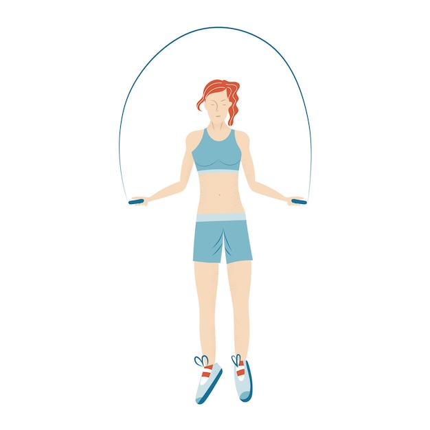 Plik wektorowy kobiecy charakter angażować zajęcia sportowe robienie ćwiczeń fitness trening bieganie skoki na liny zdrowy styl życia wypoczynek płaski wektor ilustracja kreskówka na białym tle