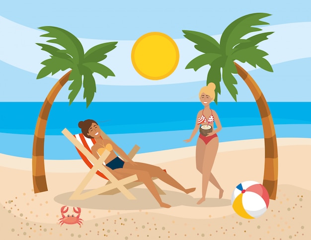 kobiet noszących strój kąpielowy z drzewami piłkę i palmy z kraba