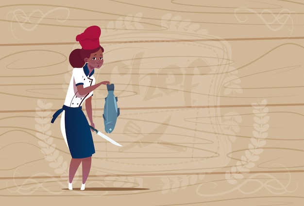 Kobieta African American Chef Cooka Gospodarstwa Ryb Cartoon Szef W Restauracji Jednolite Nad Drewnianym Teksturą Tle