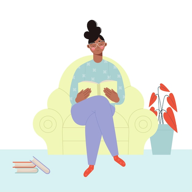 Kobieta Afroamerykanin Czarny Siedzi Czytając Książkę Ilustracja Wektora