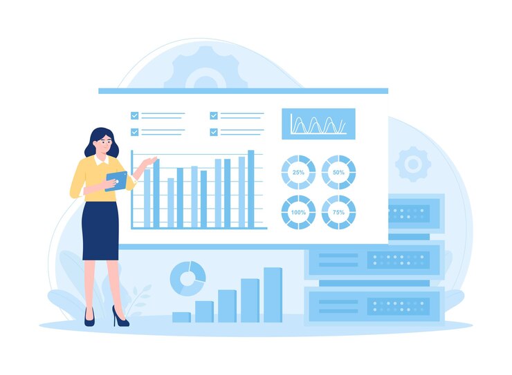 Wektor kobieta analizuje przechowywanie danych trending concept flat illustration