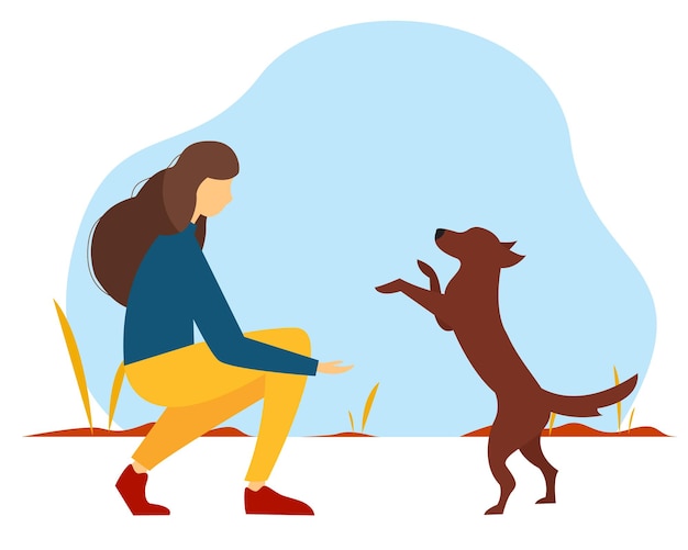 Plik wektorowy kobieta bawi się z psem w parku śliczna jesień ilustracji wektorowych w stylu płaski
