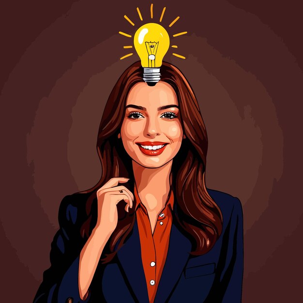 Plik wektorowy kobieta biznesmena z żarówką na głowie pokazująca inspirujące pomysły i ilustrację wektorową kreatywności