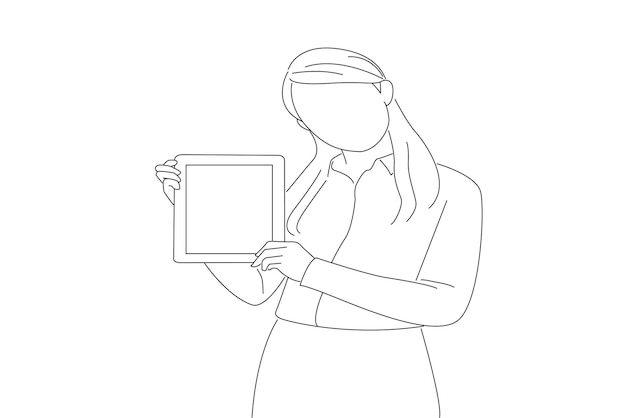 Kobieta biznesu pokazuje i wyświetla tablet Jedna linia sztuki