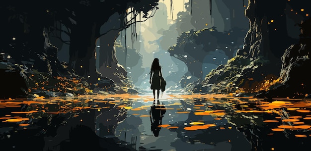 Kobieta chodzi po gałęzi strumienia i patrzy na monolity w lesie w stylu sztuki cyfrowej