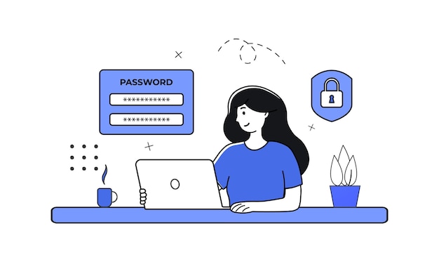 Plik wektorowy kobieta chroniąca prywatność danych za pomocą hasła bezpieczna praca online osoby biznesowej z ilustracją wektorową płaskiego laptopa koncepcja uwierzytelniania bezpieczeństwa dla projektu strony internetowej banera lub strony docelowej