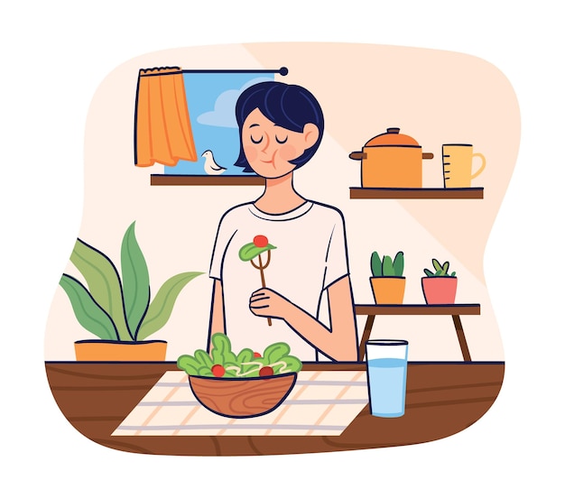 Plik wektorowy kobieta cieszy się sałatką ilustracja koncepcja zdrowego stylu życia wegetarianina i diety