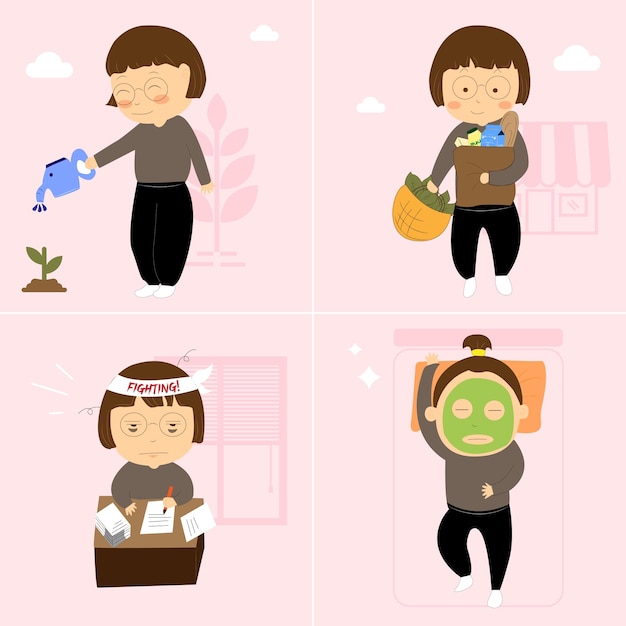 Plik wektorowy kobieta codzienna rutyna zestaw czynności związanych z ilustracją kreskówki z zakupami pracowitymi i maską na twarz