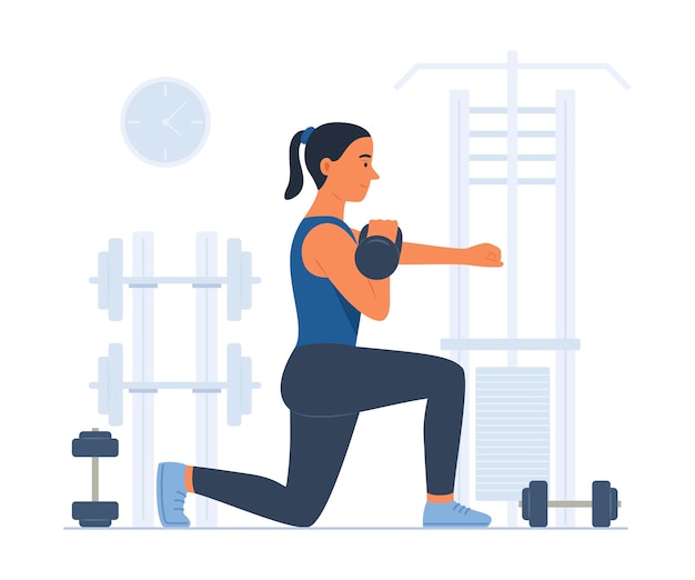Kobieta ćwiczy, robiąc Lunge z Kettlebell do treningu siłowego w ilustracji koncepcyjnej siłowni