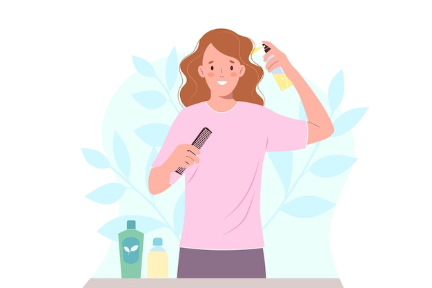 Plik wektorowy kobieta dba o włosy, nakładając spray nawilżający na kręcone włosy