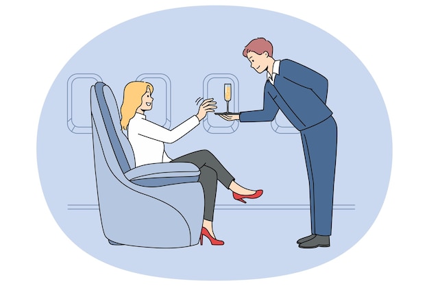 Plik wektorowy kobieta dostaje szampana w klasie biznes w samolocie