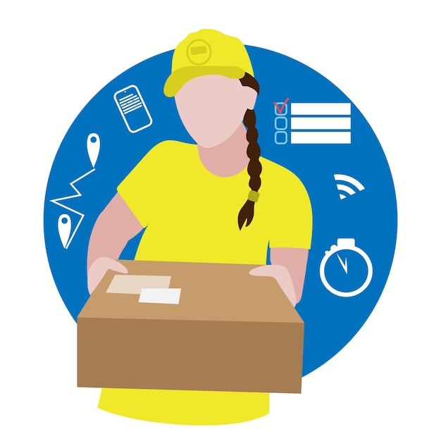 Plik wektorowy kobieta dostawy w żółtym mundurze trzyma zapakowane pudełko mieszkanie w stylu usługa dostawy zamówień online