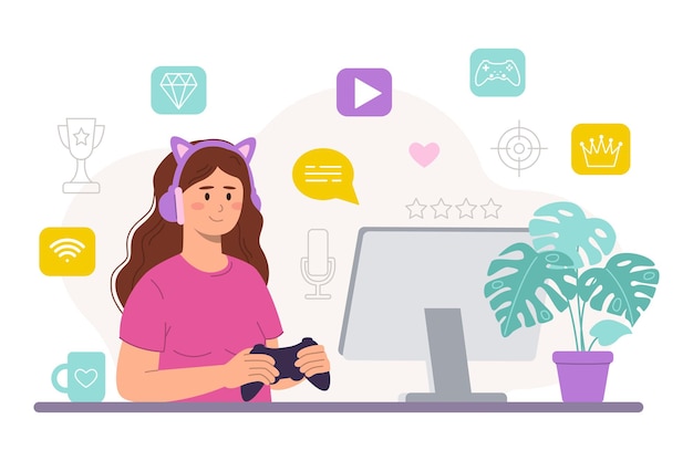 Kobieta gamer z joystickiem na monitorze w gamingowych słuchawkach kawaii z uszami Środowisko domowe Wektor płaska ilustracja