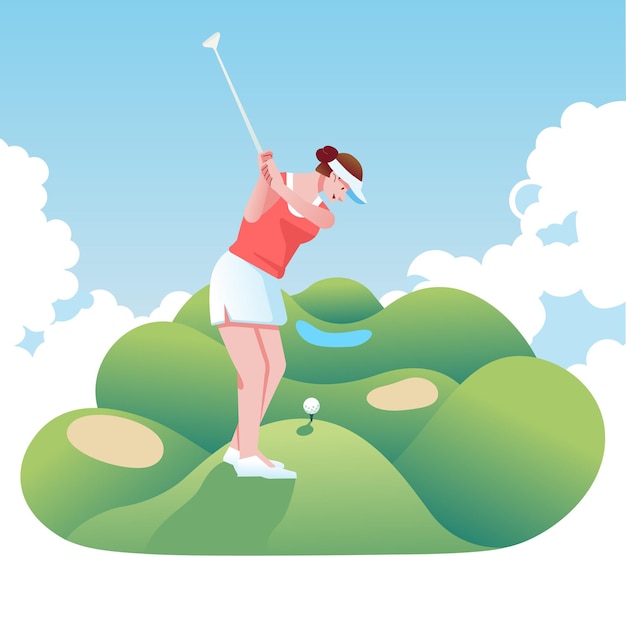 Kobieta gra w golfa na polu z pochmurnym tłem, jak pole latające na niebie