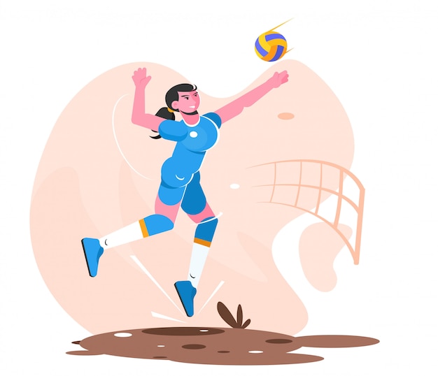 kobieta gracza siatkówki piłka roztrzaskuje płaską ilustrację