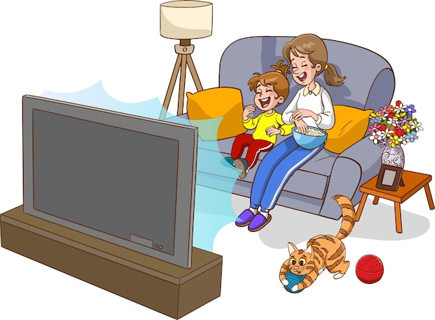 Kobieta i dziecko siedzą na kanapie oglądając telewizję z kotem na podłodze.
