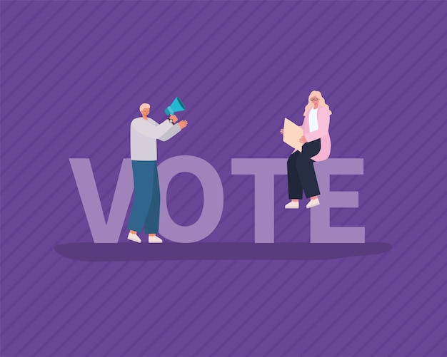 Kobieta I Mężczyzna Bajki Z Tablicą I Megafonem Na Fioletowym Tle Projektu, Dzień Wyborów Głosowania