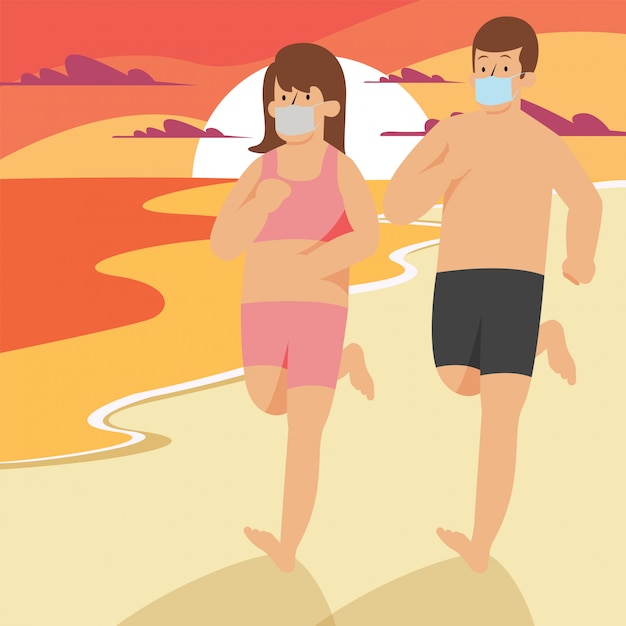 Kobieta I Mężczyzna Biegają Razem Na Plaży, Jednocześnie Używając Maski Medycznej
