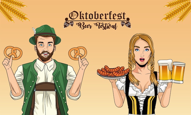 Plik wektorowy kobieta i mężczyzna kreskówka z tradycyjnymi szklankami do piwa z precelkami i kiełbaskami, festiwal oktoberfest niemcy i motyw uroczystości