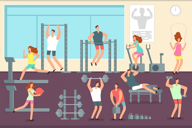 Kobieta i mężczyzna robi różne ćwiczenia sportowe w siłowni. Koncepcja wektor treningu fitness Fitness