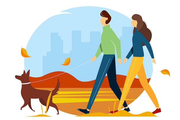 Plik wektorowy kobieta i mężczyzna spaceru z psem w parku. koncepcja aktywnego stylu życia jesienią.