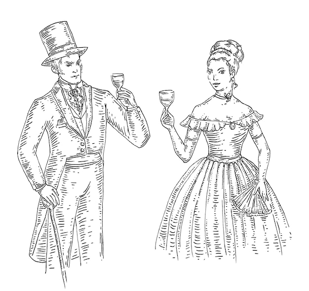 Plik wektorowy kobieta i mężczyzna trzyma kieliszek do wina vintage grawerowanie ilustracji pojedynczo na białym