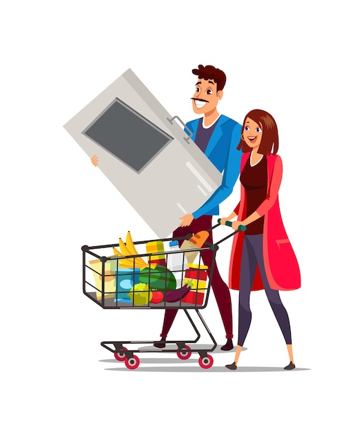 Kobieta I Mężczyzna Z Wózkiem W Supermarkecie Ilustracja, Wózek Pełen Zdrowej żywności.