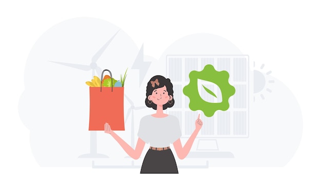 Plik wektorowy kobieta jest pokazana do pasa, trzymając ikonę eko i pakiet prawidłowego odżywiania. koncepcja ekologii zero waste i zdrowego odżywiania. ilustracja wektorowa w stylu trendu.