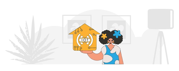 Plik wektorowy kobieta jest uziemiona i trzyma logo internetu rzeczy w nowoczesnym stylu grafiki wektorowej.
