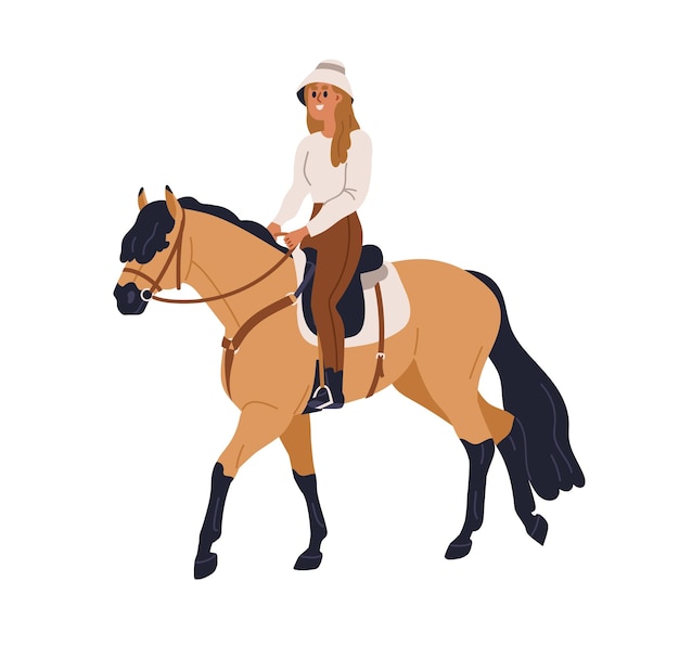 Plik wektorowy kobieta jeźdząca na koniu ogier biegający z jeźdźcem na koniu spacer koński hobby jeździecka aktywność szczęśliwa dziewczyna jeźdzca koni kobieta płaska ilustracja wektorowa izolowana na białym tle
