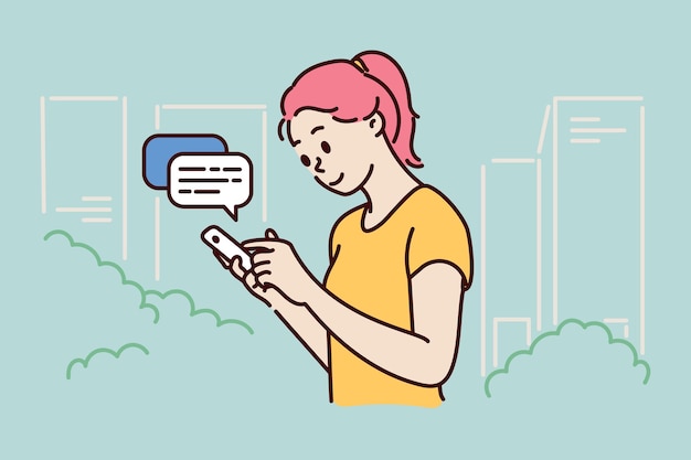 Plik wektorowy kobieta komunikuje się lub wysyła sms-y ze swojego smartfona. ręcznie rysowane ilustracji wektorowych