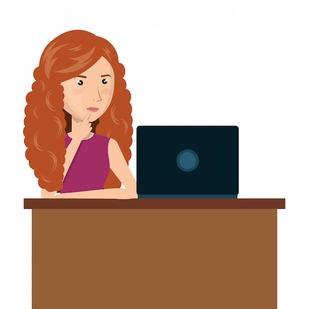 Plik wektorowy kobieta kreskówka e-commerce laptop biurko na białym tle projekt