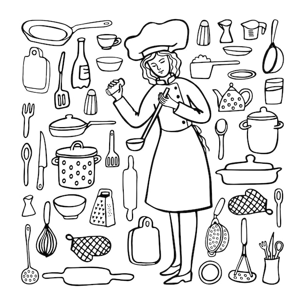 Kobieta kucharz i narzędzia kuchenne, czarno-biały rysunek w stylu Bazgroły.