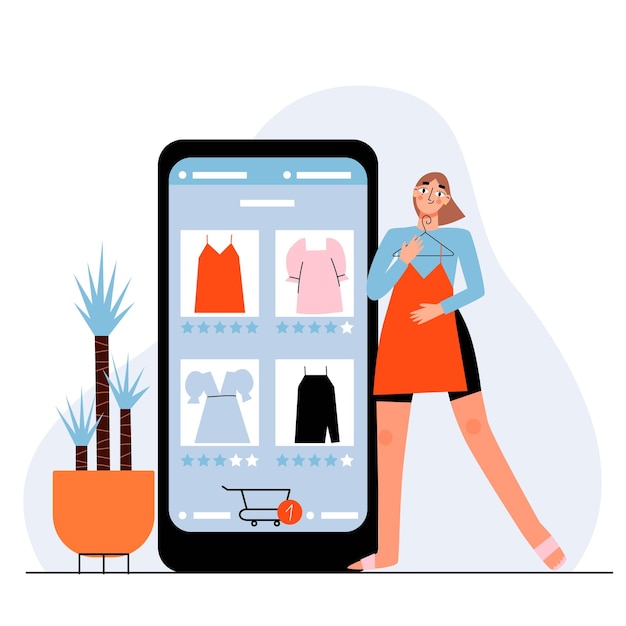 Kobieta Kupuje Sukienkę W Sklepach Internetowych. Kobieta Kup Ubrania W Mobilnej Aplikacji Internetowej. Zakupy Online I De