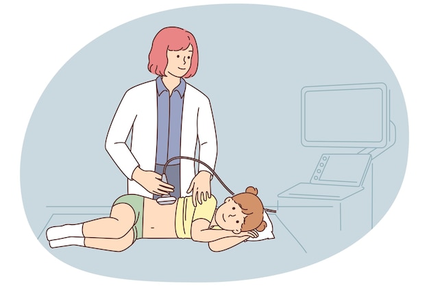 Plik wektorowy kobieta lekarz robi ultradźwięki dziewczynie w klinice.