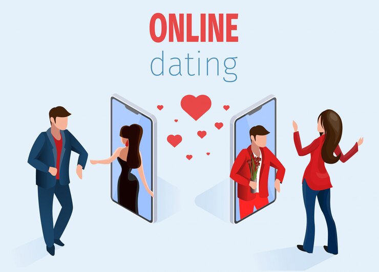 Wektor kobieta mężczyzna blisko telefonu online datuje app pojęcie
