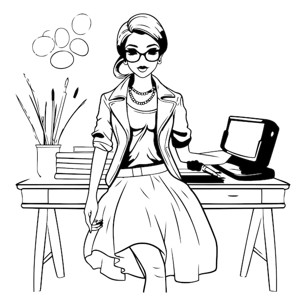 Kobieta Modna Pracująca W Biurze Czarno-biała Ilustracja Wektorowa