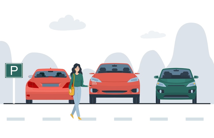 Wektor kobieta na parkingu szuka swojego samochodu. ilustracja wektorowa.